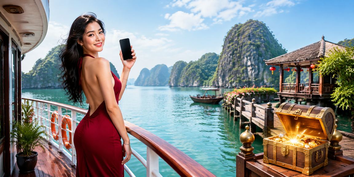 Người chơi truy cập ex8 trên điện thoại với phong cảnh vịnh Hạ Long