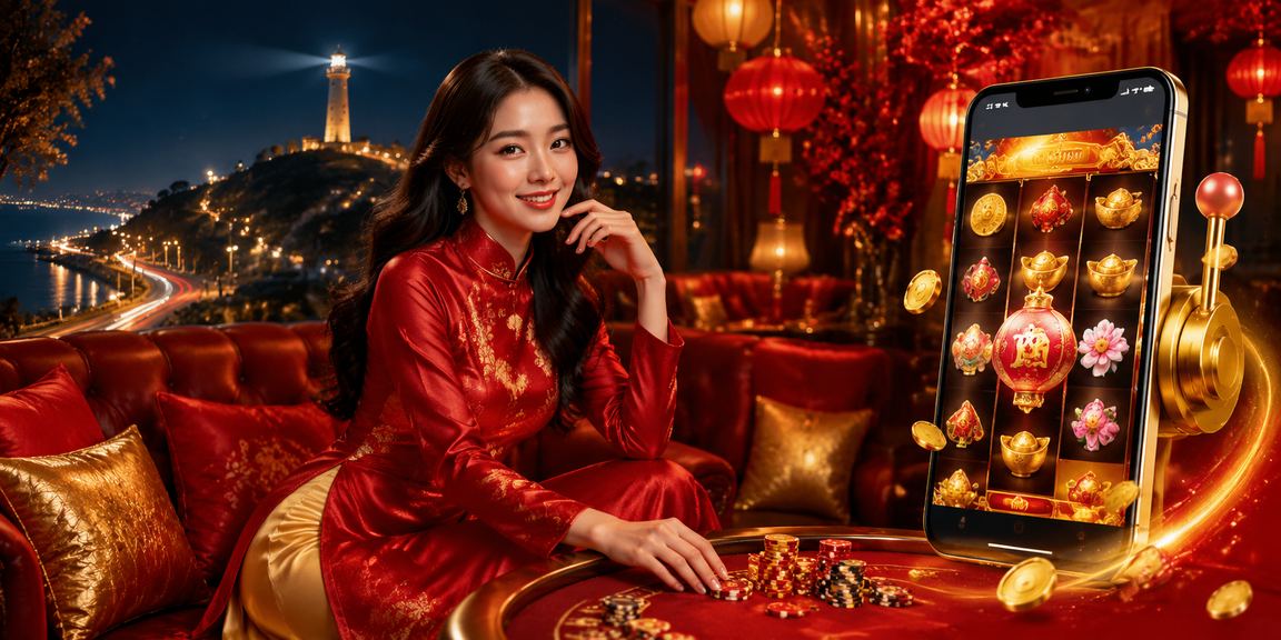 Người chơi trải nghiệm slot game tại Vũng Tàu với trang phục áo dài truyền thống